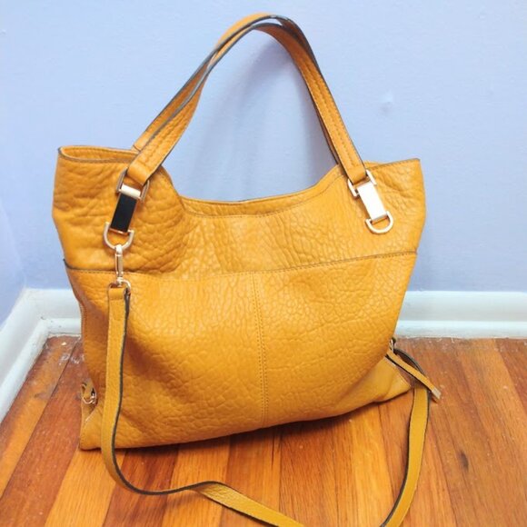 Vince Camuto Eliza Pebbled Lamb Leather Tote Shoulder Bag Ochre/Gold Large FLAWS - Picture 2 of 16